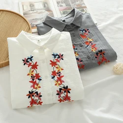 Spring Autumn Casual Sweet Cotton Shirt Women Clothes Floral Embroidery Double-layer Long-sleeved Blouse Blusa Women Tops U119