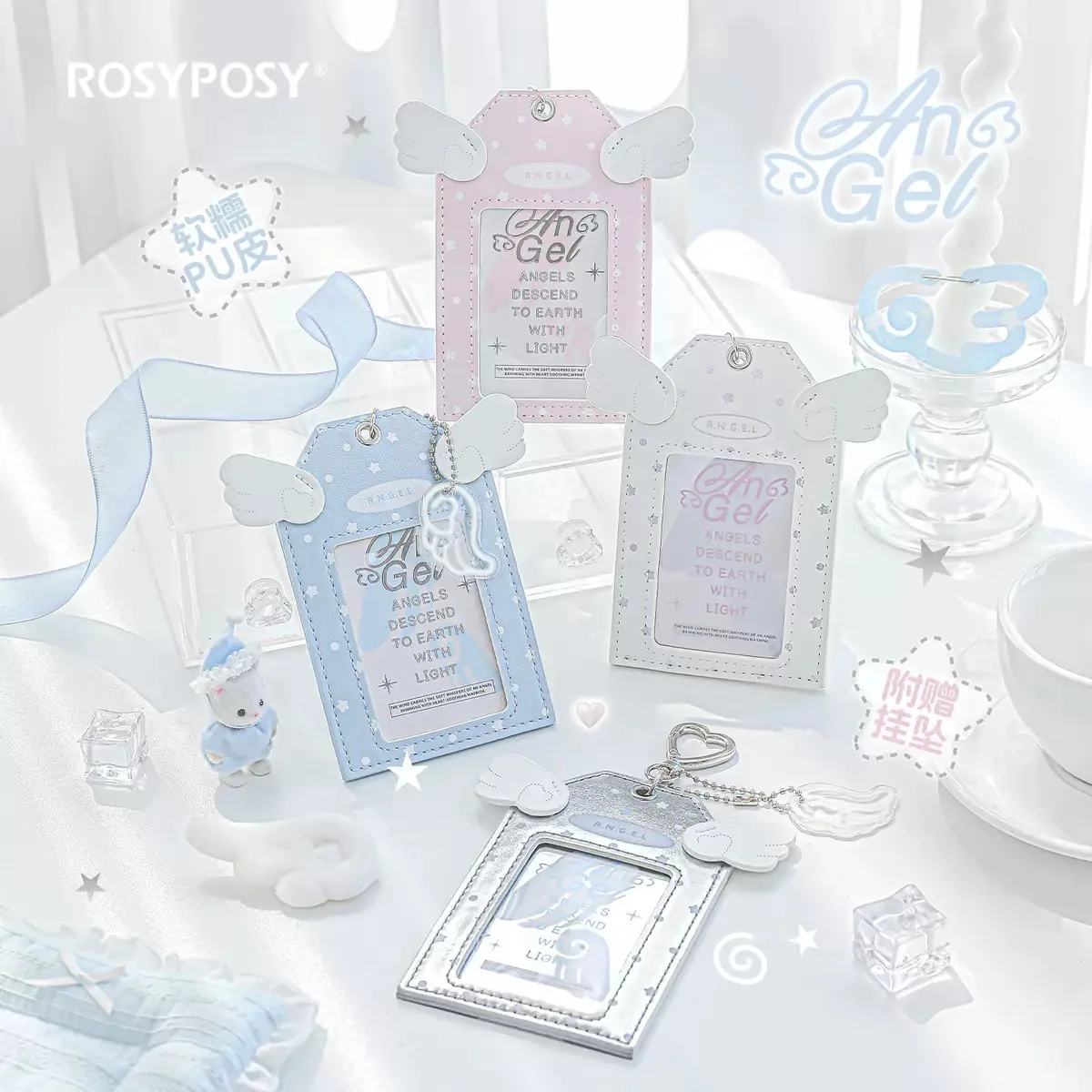 MINKYS Cute Angel Wing 3 inch PU Leather Kpop Photocard Holder Photo Card Bus Card Holder Bag Pendant Back To School Stationery