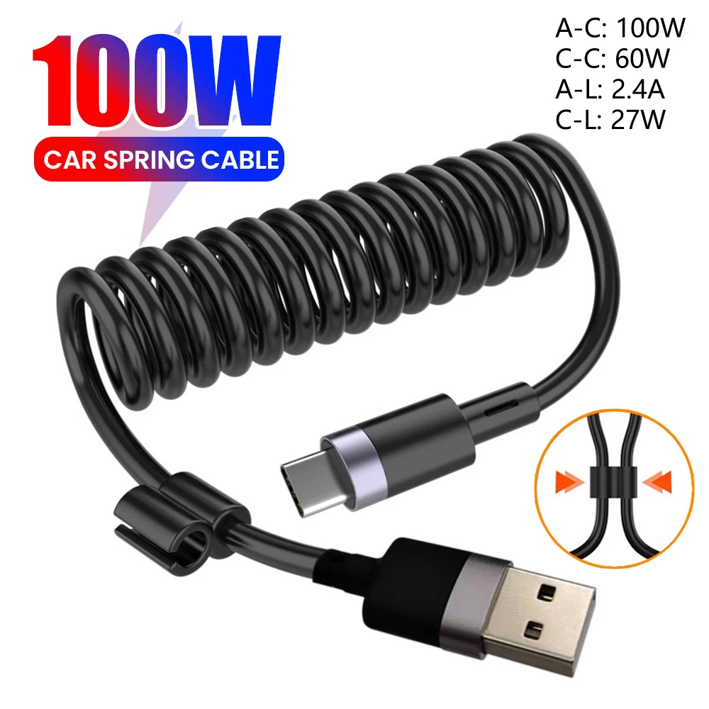 

100 Вт кабель для быстрой зарядки данных USB Type-C Lightning PD автомобильный пружинный телескопический шнур для зарядки для iPhone Samsung Huawei Xiaomi