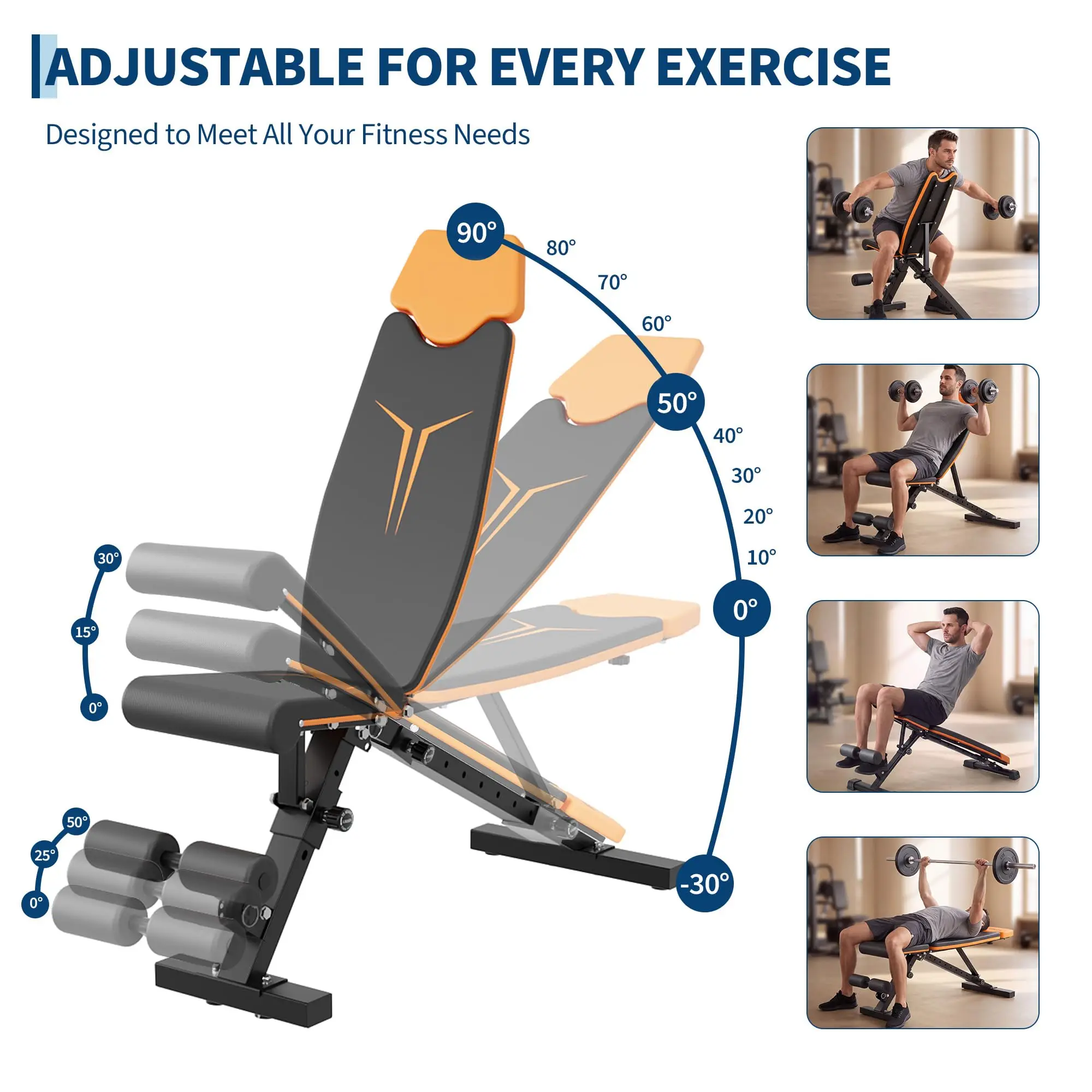 Adjustable Weight Bench with Detachable Headrest, Collapsible Incline Decline Exercise Bench for Home Gym Bench Press, Heavy-Duty Steel Frame