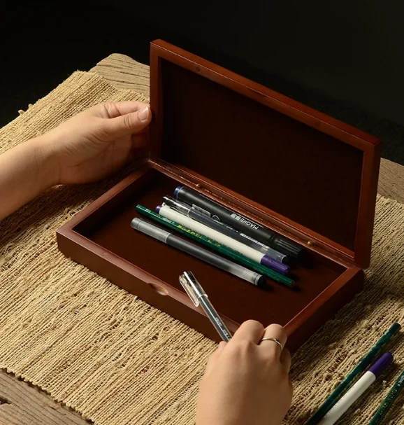 Wooden Treasure Box with Brass Latch Wood Pen Tray Desktop Office Storage Box Coin Keys Holder 25x13cm (Dark Red Finish)