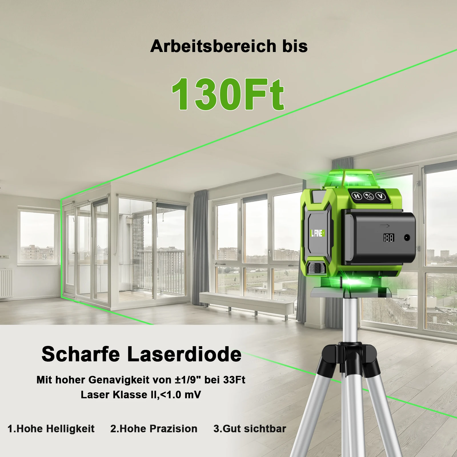 Lfine Professional Laser level 4D 16 Lines with 39.37 Inch (1M)Tripod 360°Self-leveling Laser Levels Green Beam Nivel Laser