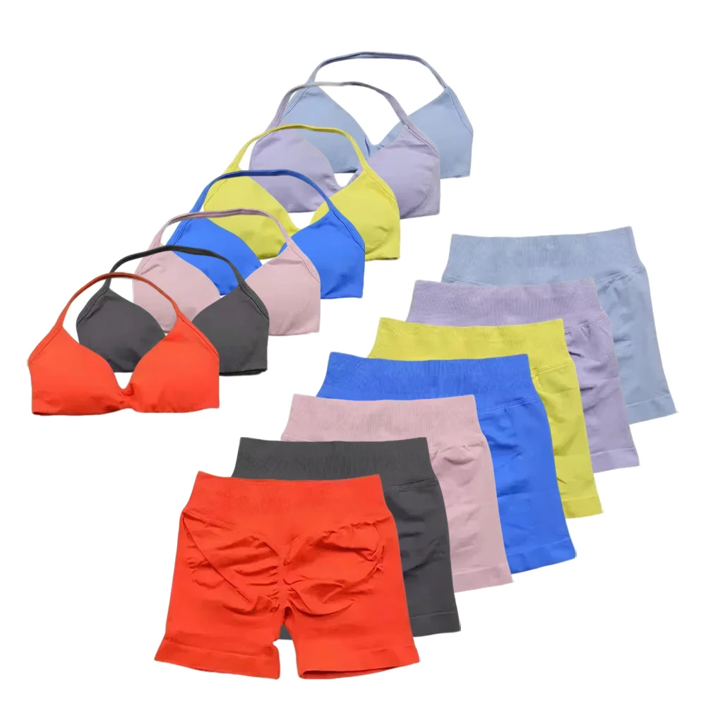 

High Quality 2-piece Set Women's Neck Vest Fitness Set High Waist Seamless Shorts Fitness Set Sportswear Fitness Set