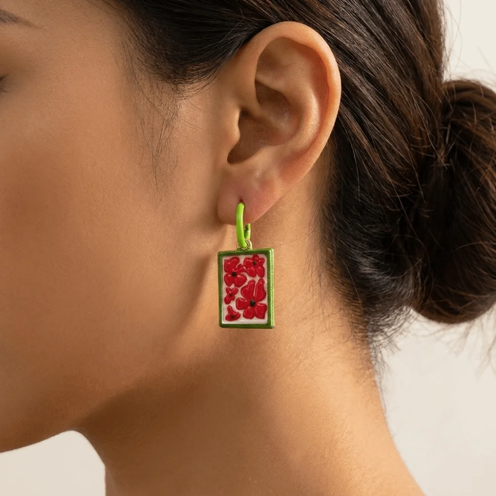 Resin Bohemian Pendant Earrings Flower Pattern Gold C Ring Beach Printed Drop Earrings Multi Patterns Ceramic Dangle Earrings