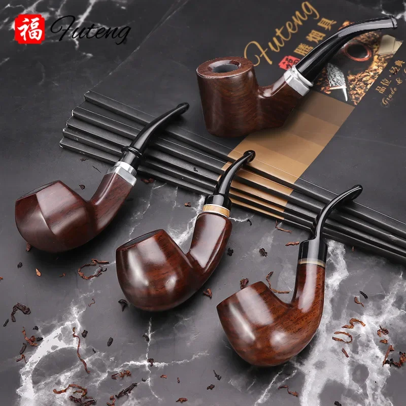 Best Ebony Wood Pipe with Filter Smoking Pipe Chinese Style Tobacco Pipe with 10 Tools Handmade Bent Smoke Tool 9mm