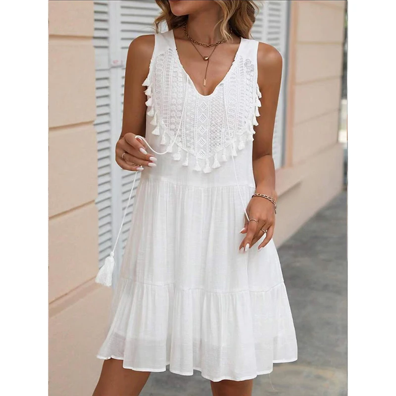 

Elegant White Women's Summer Lace Tassel Mini Dress Splicing Casual Loose Sundress V Neck Sleeveless Beach Holiday Dresses