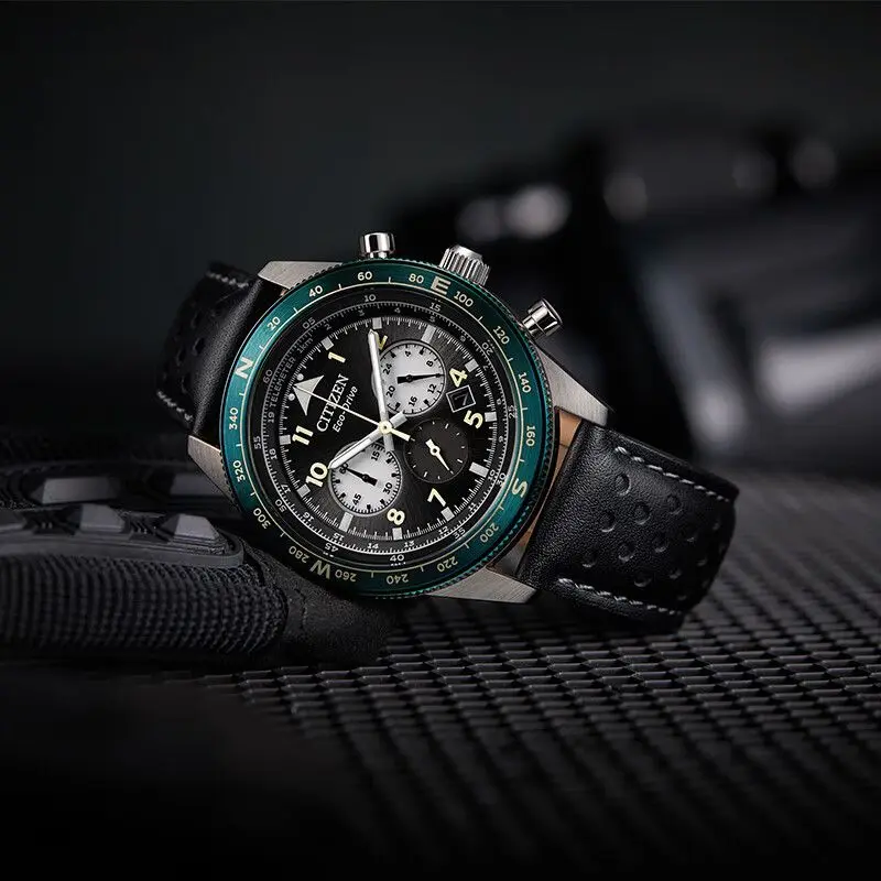 CITIZEN CA4558-16E Men's Eco-Drive Chronograph Watch Black Dial Date Indicator Leather Strap Business Sports Watch