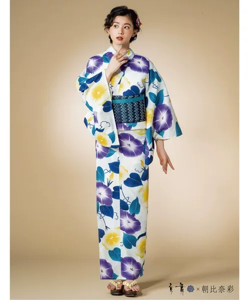 Japanese Cotton Yukata Kimono with Classical Morning Glory and Butterfly Floral Patterns