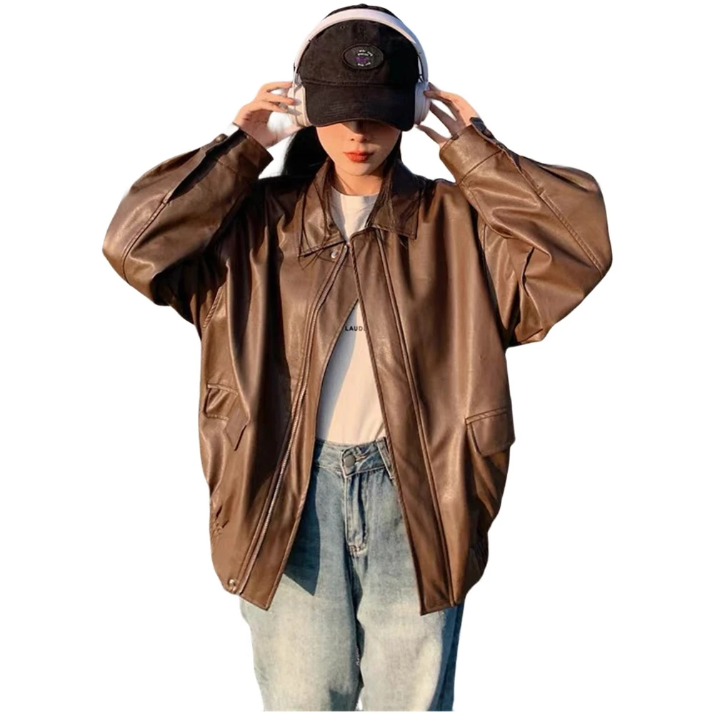 Ideal For Autumn Perfect For Spring 2XL 3XL Women Leather-Like Jackets Spring Autumn Coat 50 Polyester 50 Spandex