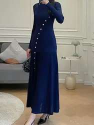 Women 2-Colors Knitted Robe Metal Diagonal Buttons Long Sleeve Round Neck Slit Slim Summer 2024 Midi Dress