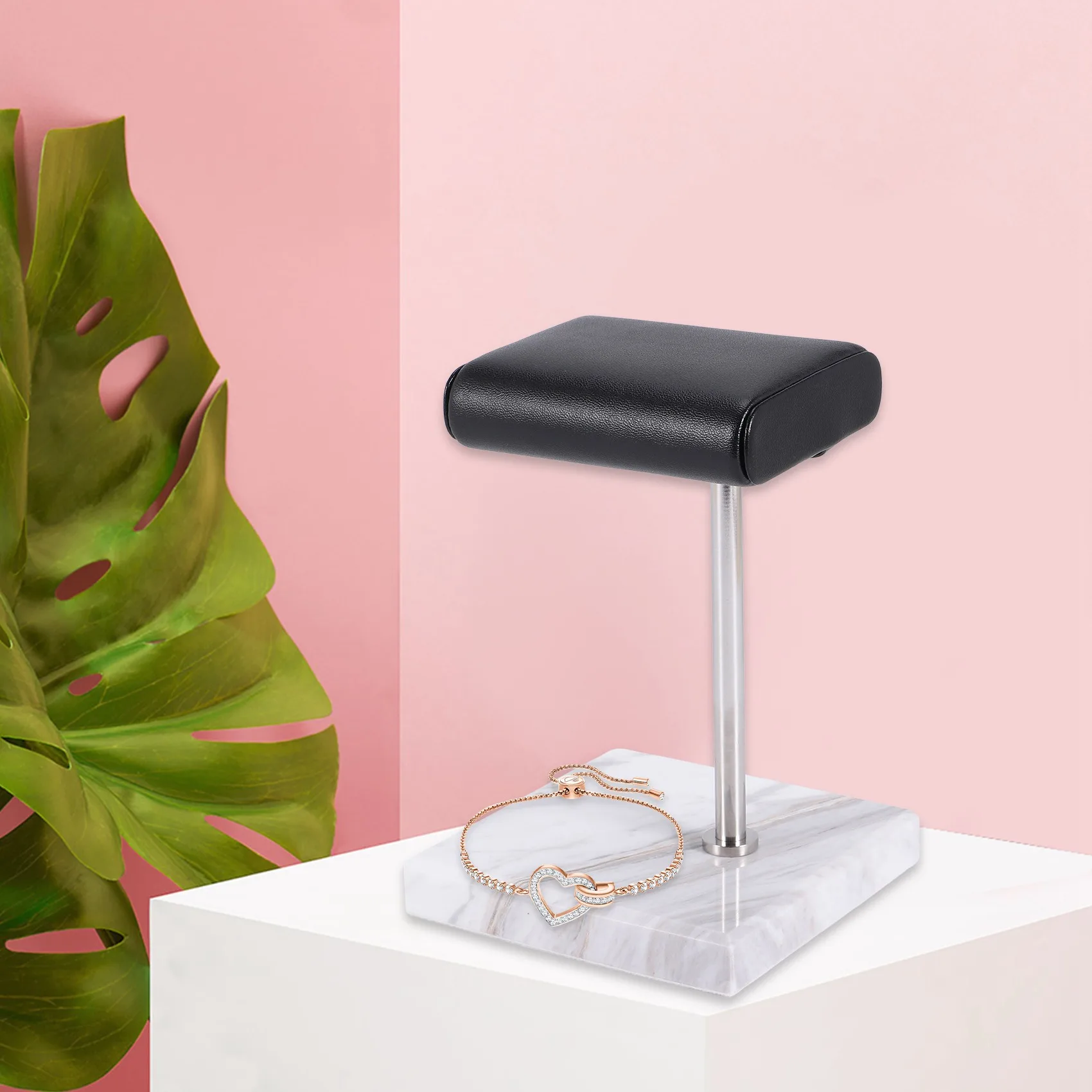 ABQR White Marble Watch Bracelet Display Stand Black PU Leather Jewelry Stand Watch Stand Silver Color Rod Placement Stand