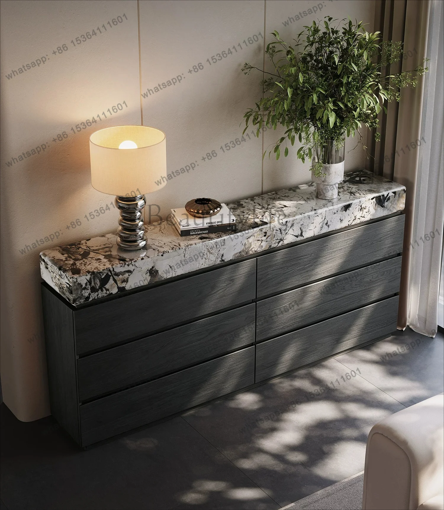 FG Italian Minimalist Six-Drawer Cabinet for Living Room, High-End Solid Wood Four-Five-Drawer Cabinet