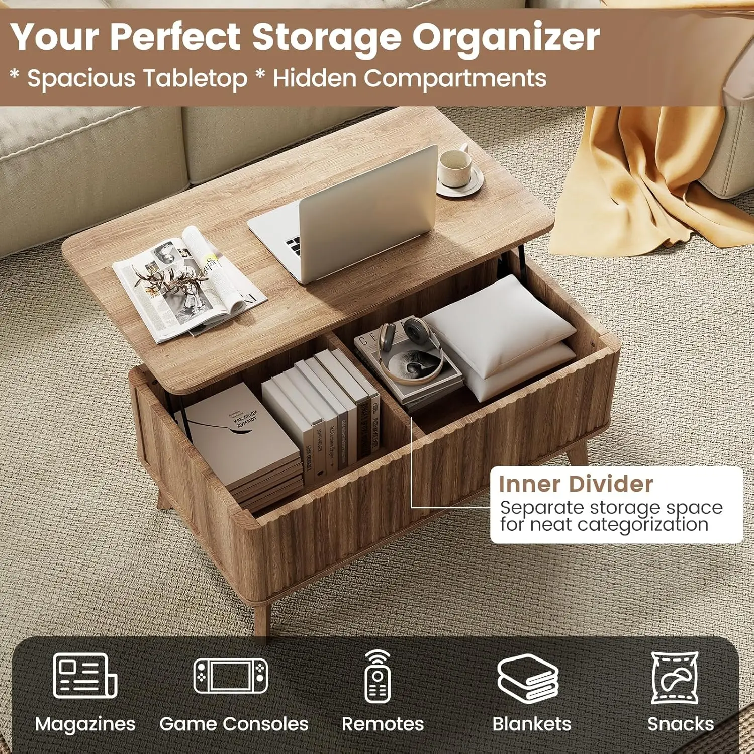 Mesa de Centro com Tampo Elevatório e Armazenamento, 35,5 polegadas, Estilo Moderno de Meio Século, com Pé de Madeira Maciça e Compartimento Oculto, Personalizável