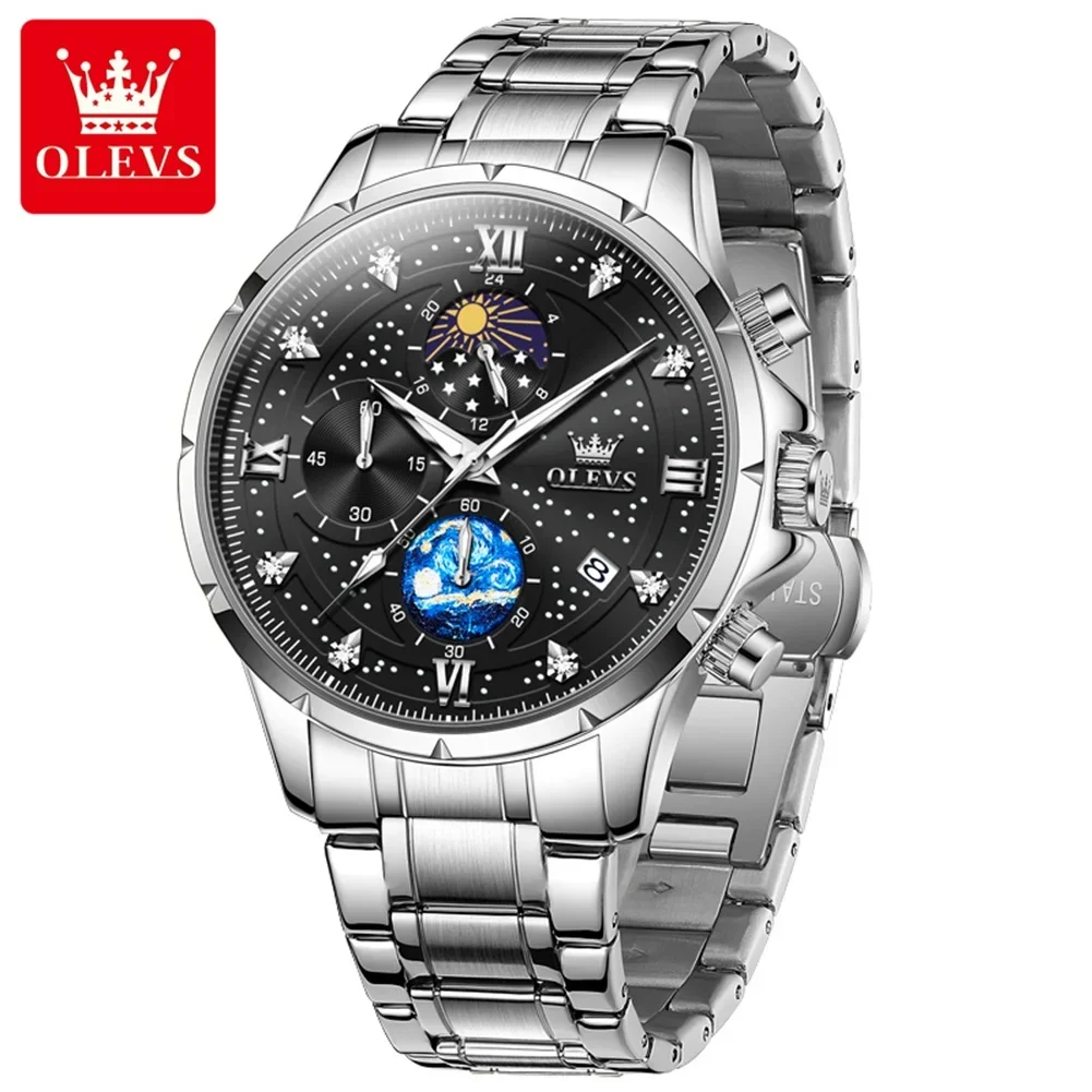 Olevs 9807 relógios masculinos relógio de quartzo original para homem multifuncion cronógrafo aço inoxidável à prova dwaterproof água luminosa reloj hombre