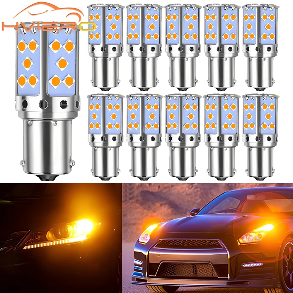 10PCS Car Turn Signal Light Amber White LED Bulbs Canbus Free Leds Auto Lamping License Plate Lights 1156 BA15S BAU15S T20 35SMD