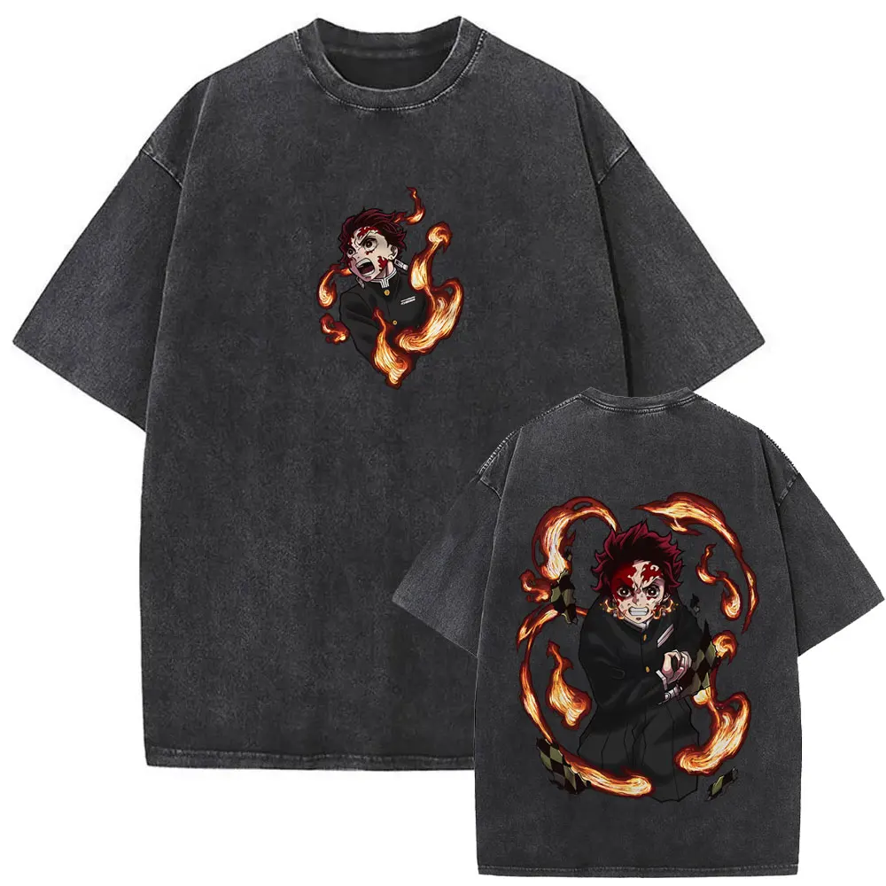 

Washed Vintage Anime Demon Slayer Kamado Tanjirou Graphic T-shirt Men Fashion Casual T-shirts 100% Cotton Short Sleeve T Shirts