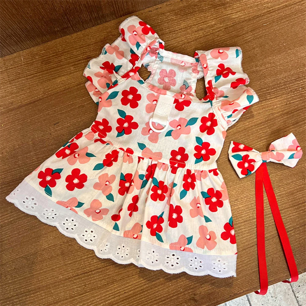 Spring Summer Dog Princess Dress Red Plaid Floral Printed Pet Skirt Bow Lace Dress For Small Medium Cat Dogs Puppy Clothes