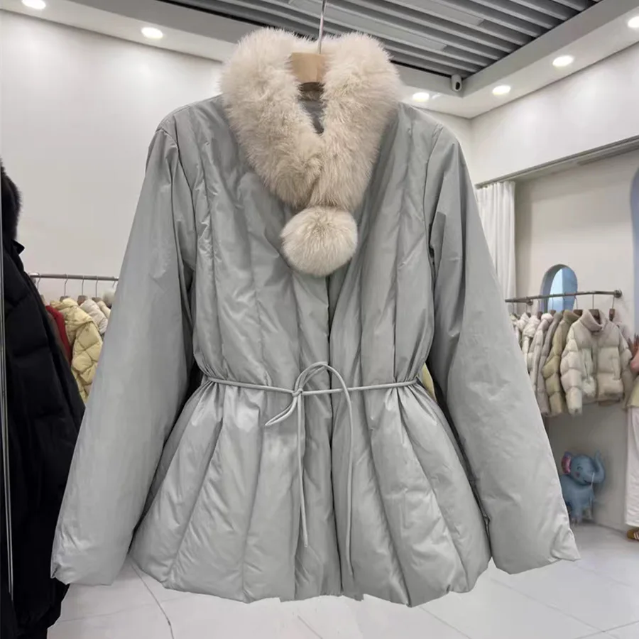 الشتاء منتصف طول كبير ريال فوكس الفراء طوق الأبيض أسفل بطة سترة المرأة الأبيض بطة أسفل الرباط أبلى الإناث سترة مبطنة #3
