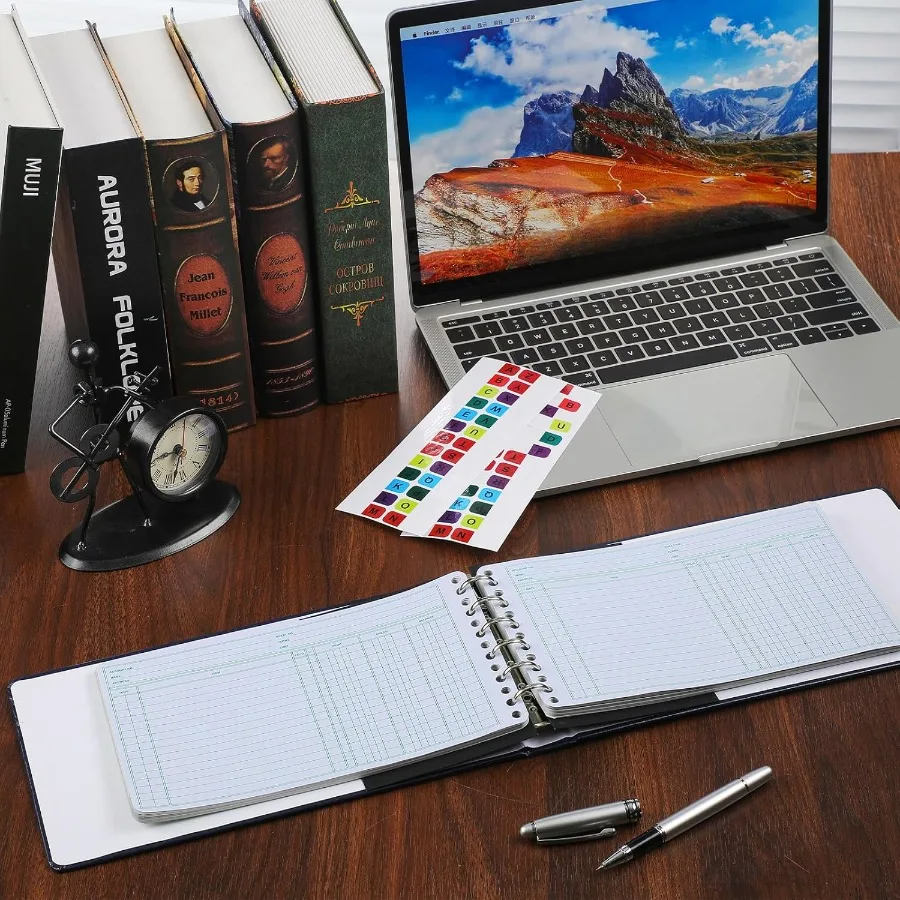 リング式台帳バインダー 200枚入り 5x8.5インチ台帳用紙 小さなインデックスタブ付き 会計・ビジネス用 デビット・クレジット・バランス用