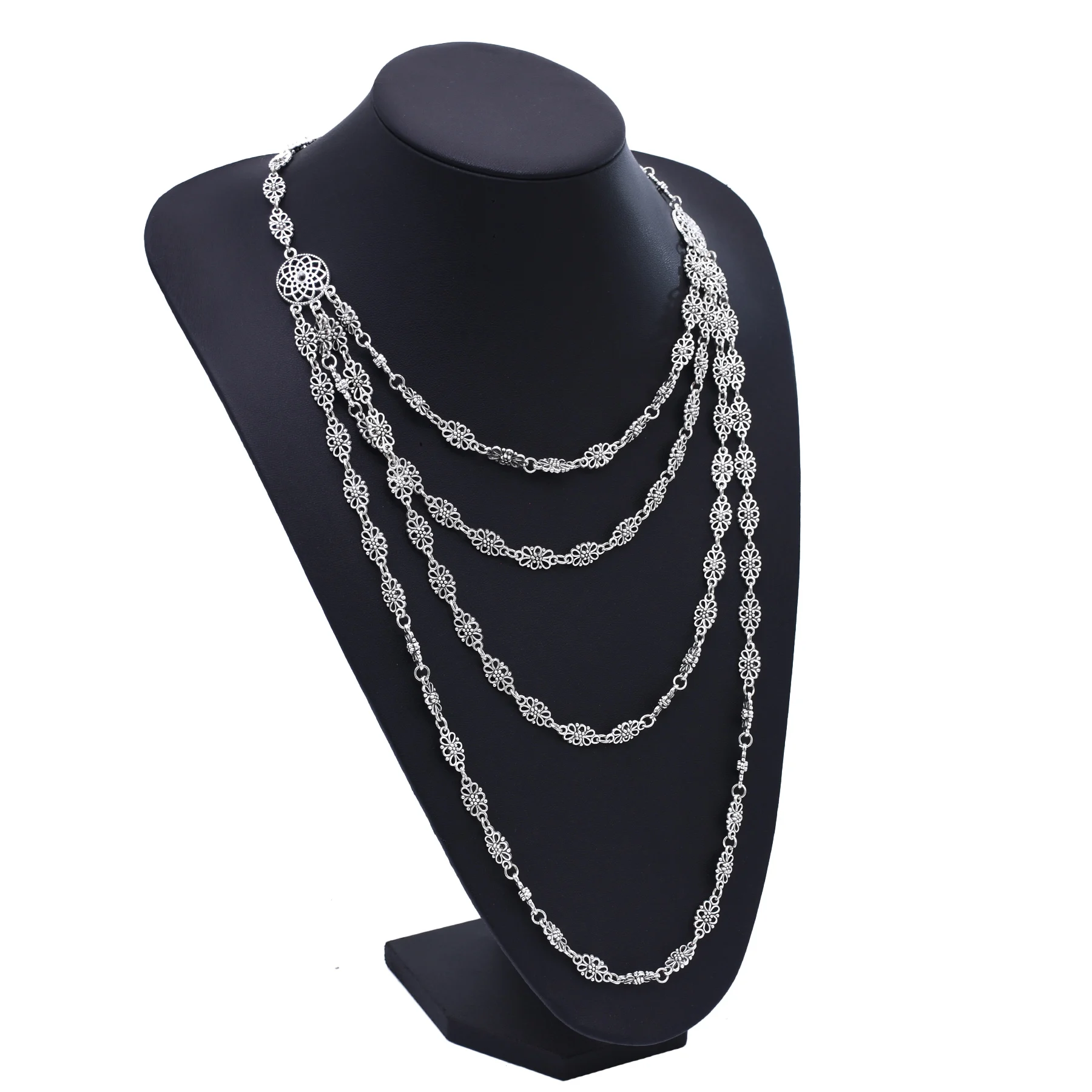 

Trendy Hollow Flower Retro Silver Necklace For Women Long Sweater Chain Link Choker Bohemian Dress Jewelry Accessories Gift