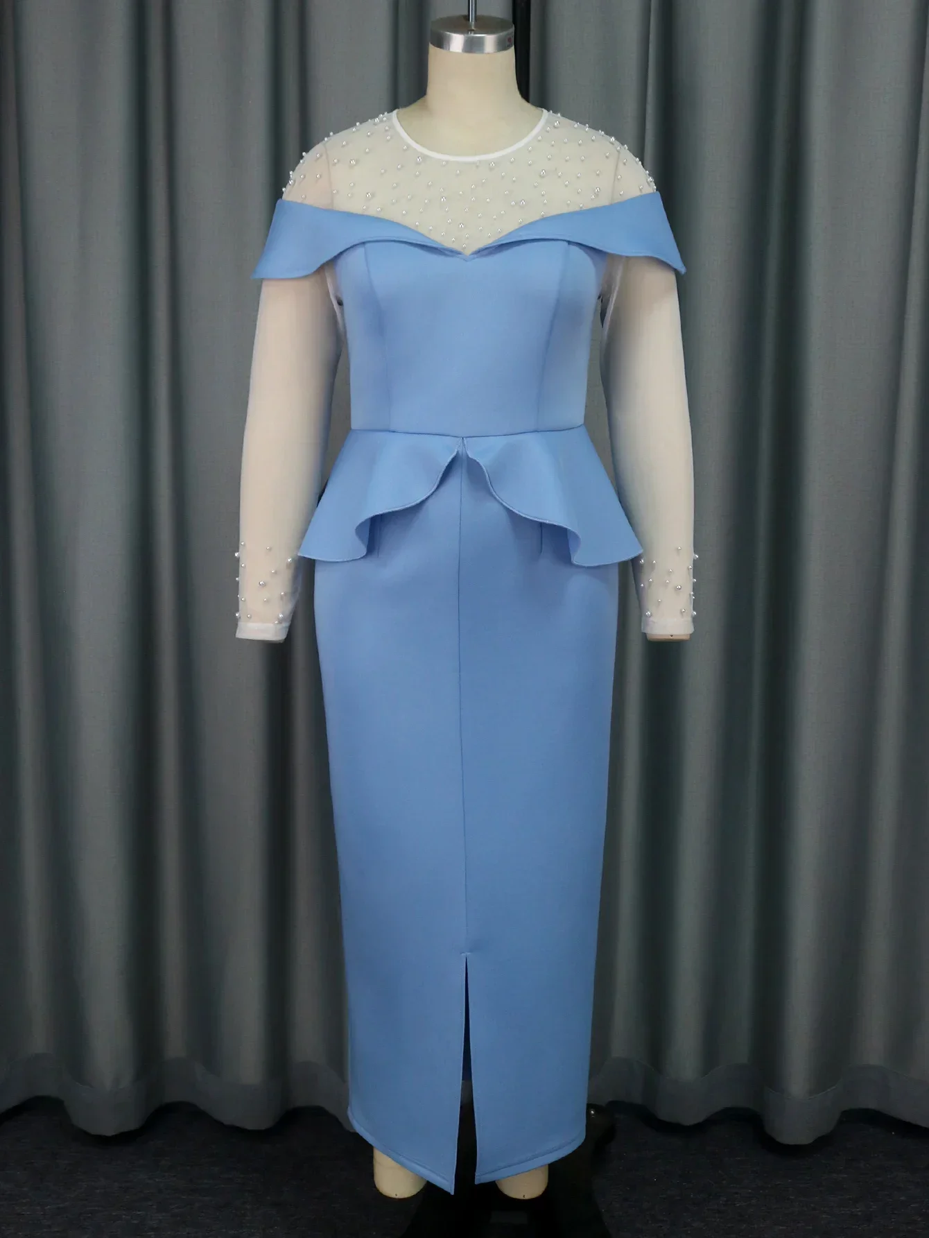 AOMEI Elegant Women\'s Party Dress Slim Fit Long Sleeved Mesh Patch Bead Elegant Occasion Wedding Banquet Robe
