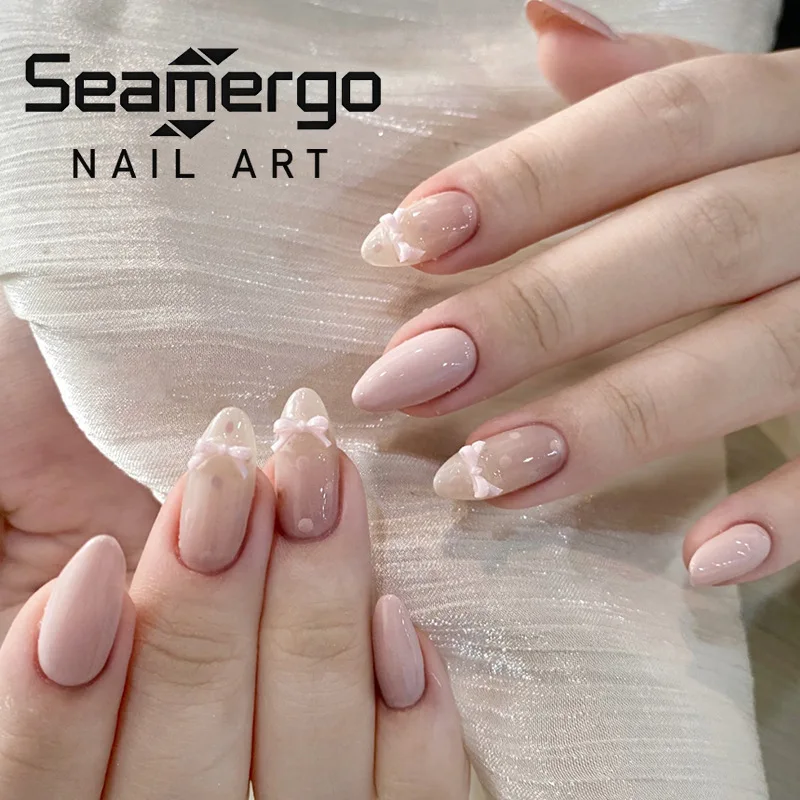 24 Uñas Postizas de Almendra, Color Rosa Nude, con Lazo Rosa Dulce y Decoración de Puntos, Estilo Coquette, Brillantes, Reutilizables