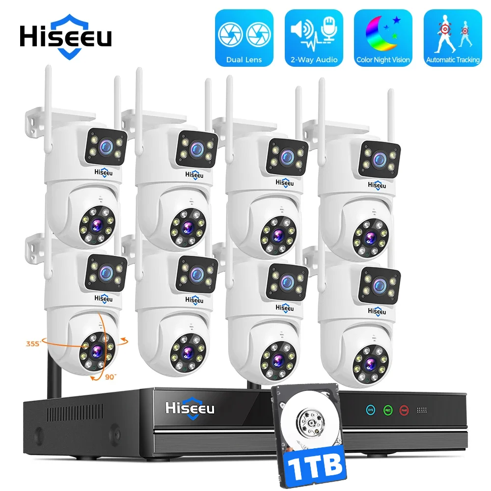 Hiseeu-デュアルレンズ監視システム,PTZ IPスマートカメラ,暗視,自動追跡,wifi cctv,h.265,16ch,nvr,3k,6mp