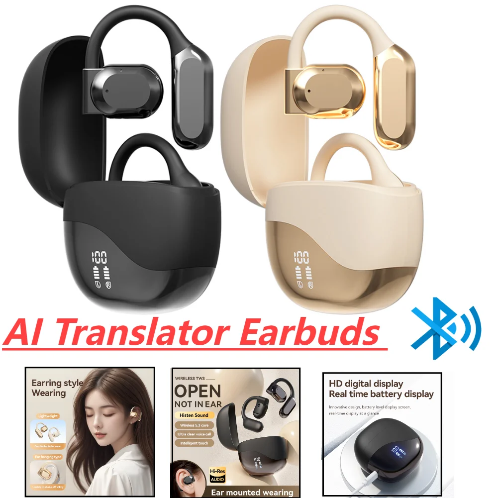 AI Intelligent Translation Language Translation Earbuds Bluetooth5.4 Two-Way Voice Translator Ear Hook for Sports Travel Running