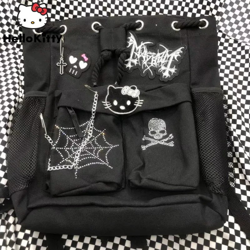 Sanrio Hello Kitty Dark Punk Rock Backpack New Japanese Style Harajuku Design Drawstring Shoulders Bag Y2k Girl Gothic Backpack