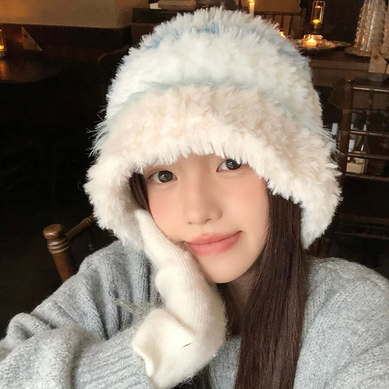 

Large Head Circumference Bucket Hat for Women - Fall Winter Korean-Inspired Fuzzy Face-Flattering Warm Ear Flap Knitted Hat