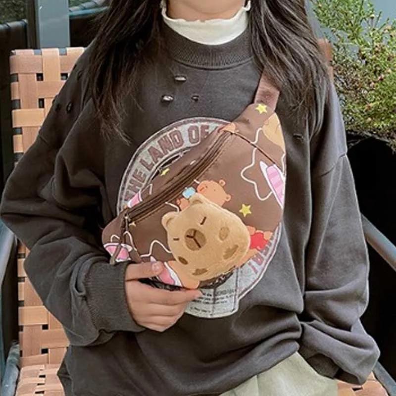 تريند كارتون سعة كبيرة بنين بنات حقيبة الخصر لطيف كابيبارا الخصر حزم طفل حقيبة صدر مع حقيبة كتف دمية قطيفة للجنسين