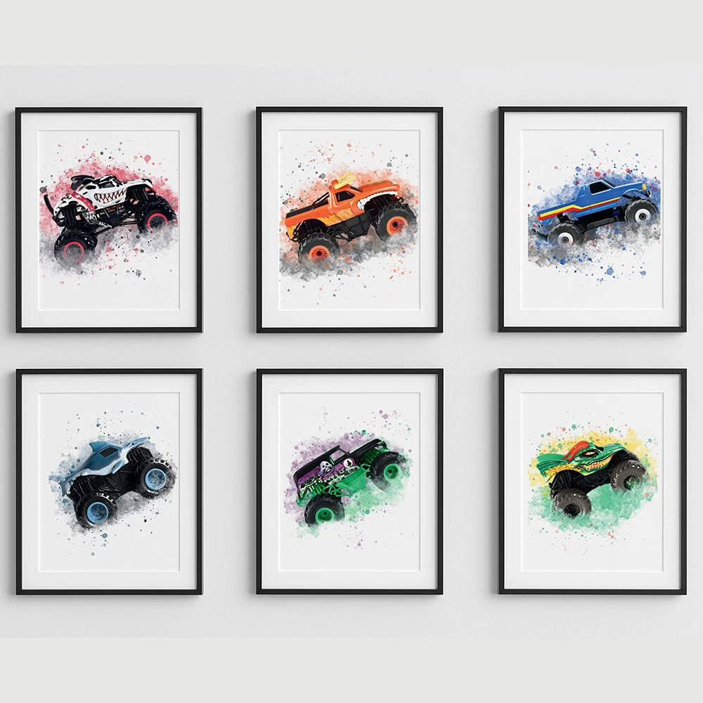 

Watercolor Monster Truck Prints Set of 6 Boys Room Decor Monster Truck Kids Room Truck Posters Wall Decor Canvas Murals