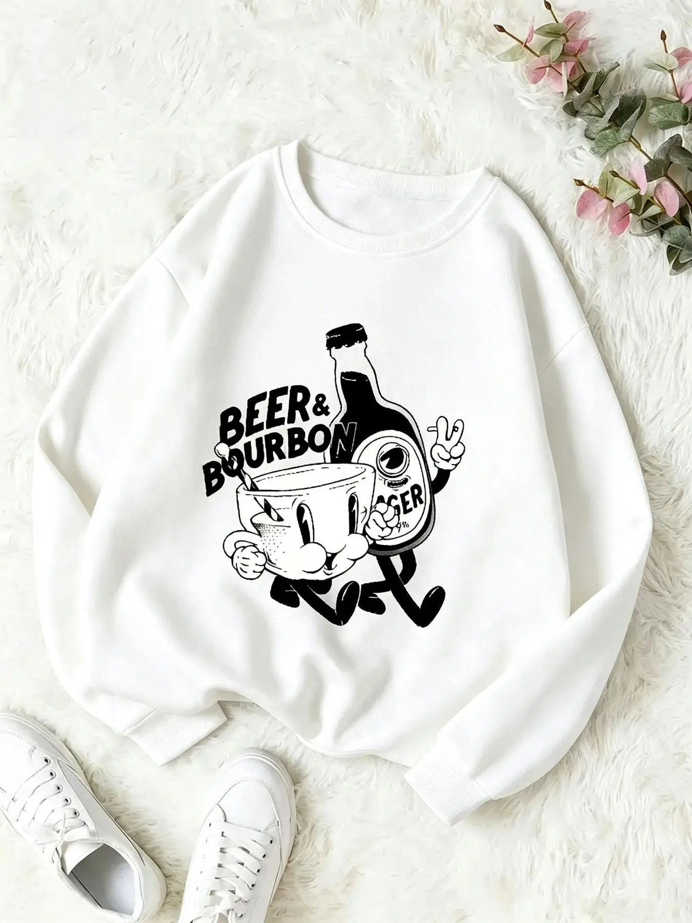 Women Beer & Bourbon Retro Cartoon Drink Character Graphic Crewneck Sweatshirt Oversized Long Sleeve Fleece Pullover Vintage Black White Print White Casual Streetwear Tops