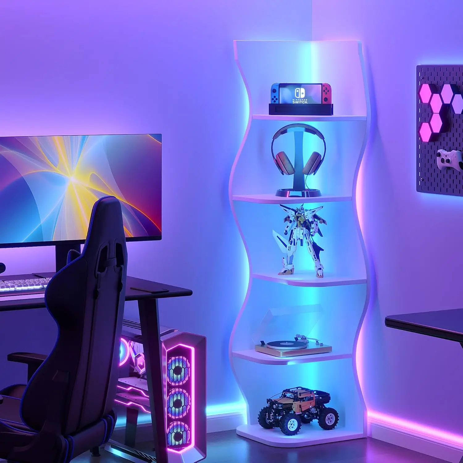6-Tier Wave Corner Bookcase with LED Lights, 90° Right-Angle Tall Narrow Bookshelf, Wooden Corner Display Stand Storage