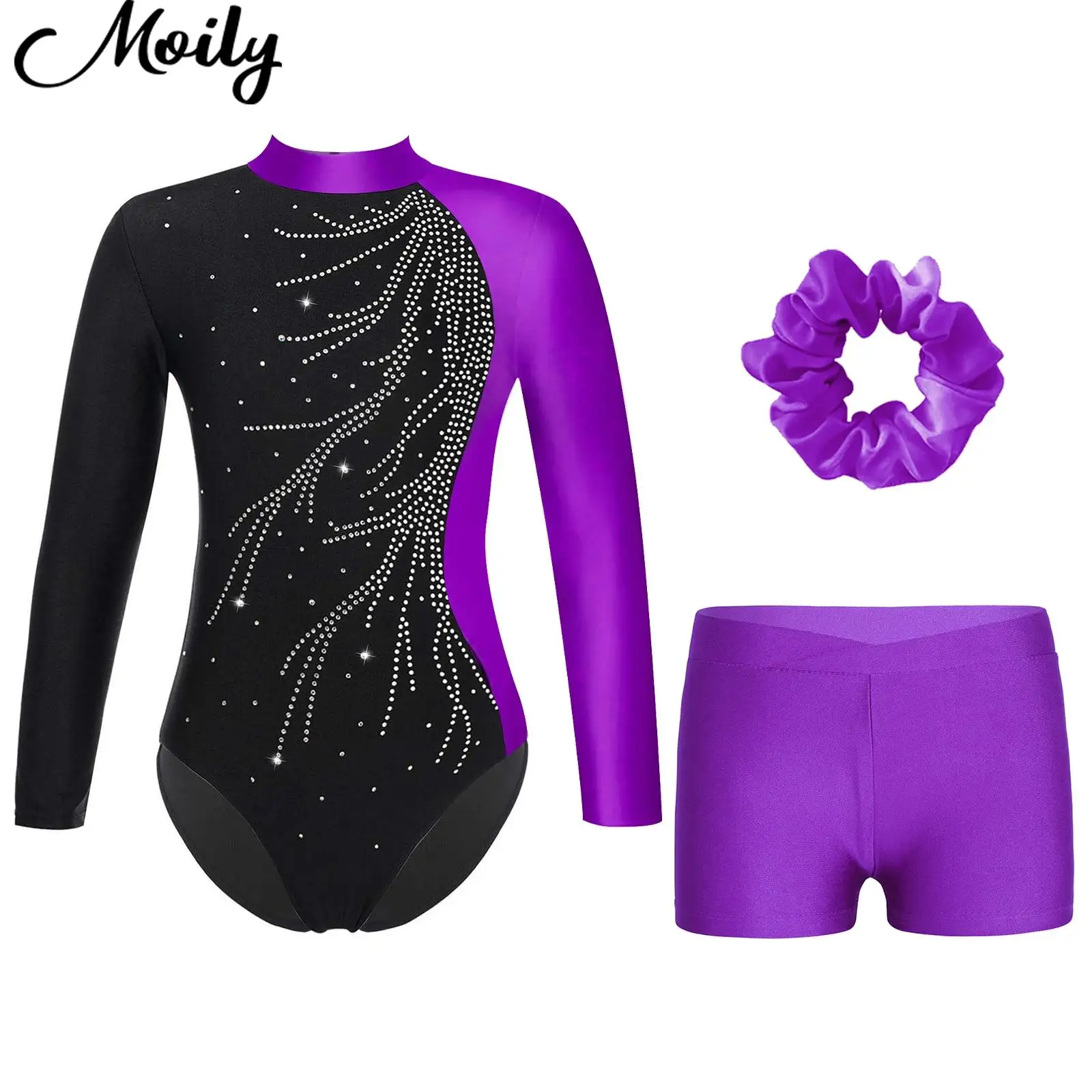 

Kids Girls Gymnastic Dance Outfit Ballet Tutu Rhinestone Leotard+Shorts Hair Band Set Children Skating Dance Performance Costume