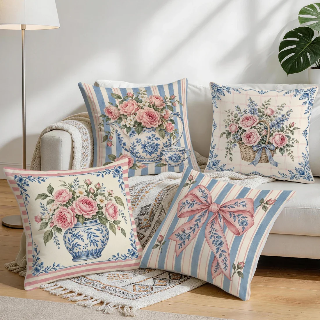 1/4pcs Porcelain Teapot Vintage Floral Cushions Pillowcase Polyester Cushion Cover Throw Pillow Pillowcover Home Car Sofa Decor