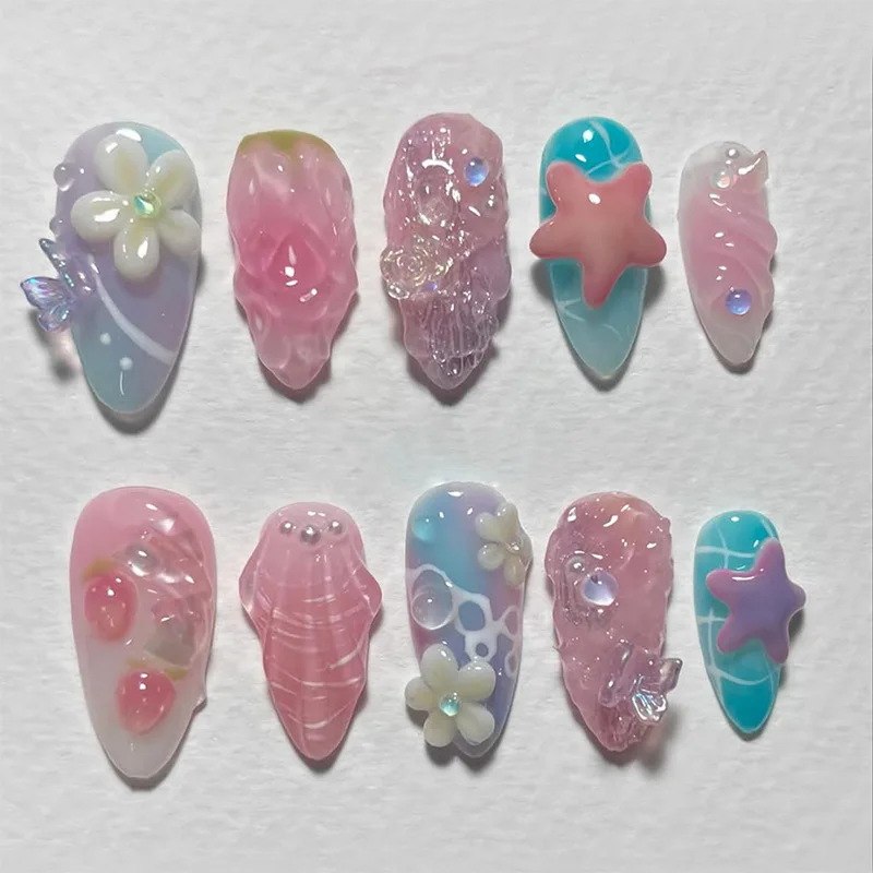 

24pcs Wearable False Nail Butterfly Colorful Almond Nails Sets Press on Finished Ocean Star Flower Design Long Fake Nails Tips