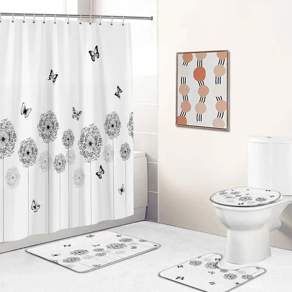 Dandelion Bath Curtain Set Plants Butterfly Minimalist Nordic Greenery Bath Decorations Non-slip Bath Mat Toilet Lid Cover