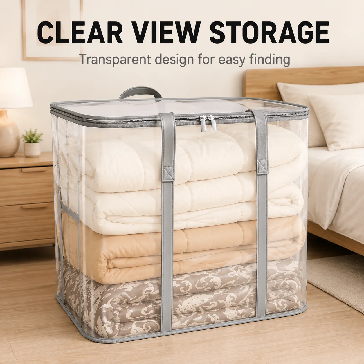 Große transparente Kleideraufbewahrungstasche aus dickem PVC, Organizer für Bettdecken und Decken mit Reißverschluss und Griffen, faltbar für Umzüge und Verpackung. – Detail 3