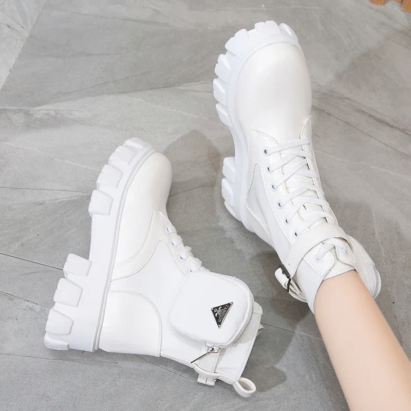 Women Boots New in Motorcycle Ankle Boots Wedges Female Lace Up Platforms White Black Leather Oxford Shoes Women Boots Mujer Bag