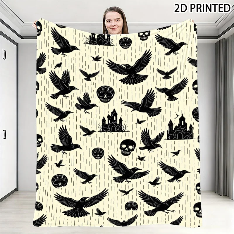 Gothic Spooky Ravens Skull & Castle Print Throw Blanket, Multiple Specifications Available, Soft Cozy Halloween Blanket for Fall