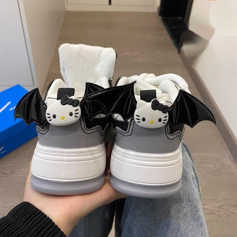 Black Hello Kitty with Bat Wings Warm Toe Board Shoes For Women's Winter Versatile Casual Warm Sports Sneakers Shoes