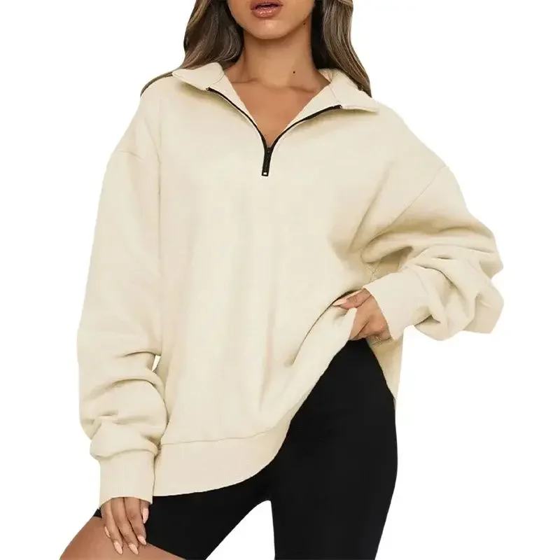 

Autumn Warm Lapel Half Zipper Splicing Pullover Sweatshirt Women Casual Loose Hoodie Female Solid Color Lantern Long Sleeve Tops