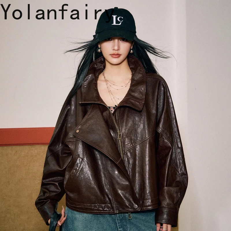 YOLANFAIRY real sheepskin jacket woman autumn stand collar vintage loose dark brown/black Motorcycle Leather jacket female 2025