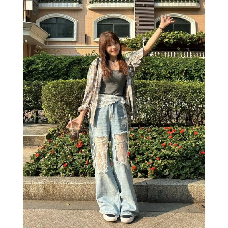 Heavy Industry Lace Stitching Hole Jeans Female Design Sense 2025 Summer Loose Straight Mop Pants