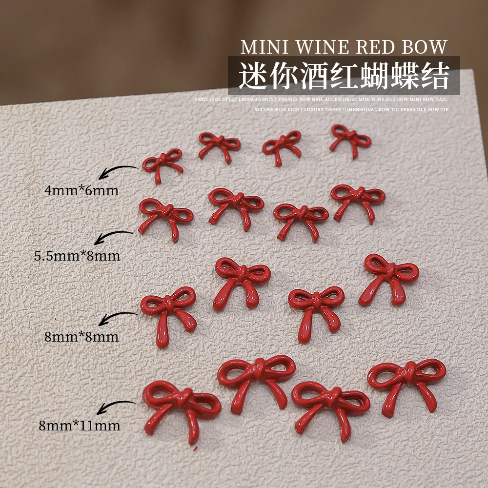 Resina Bow Nail Charm, Mix Tamanho 3D Ribbon Bowkont, Kawaii Nail Art Acessórios, DIY Cute Nails Decorações, Vinho Vermelho, a granel, Mini Tamanho, 10Pcs