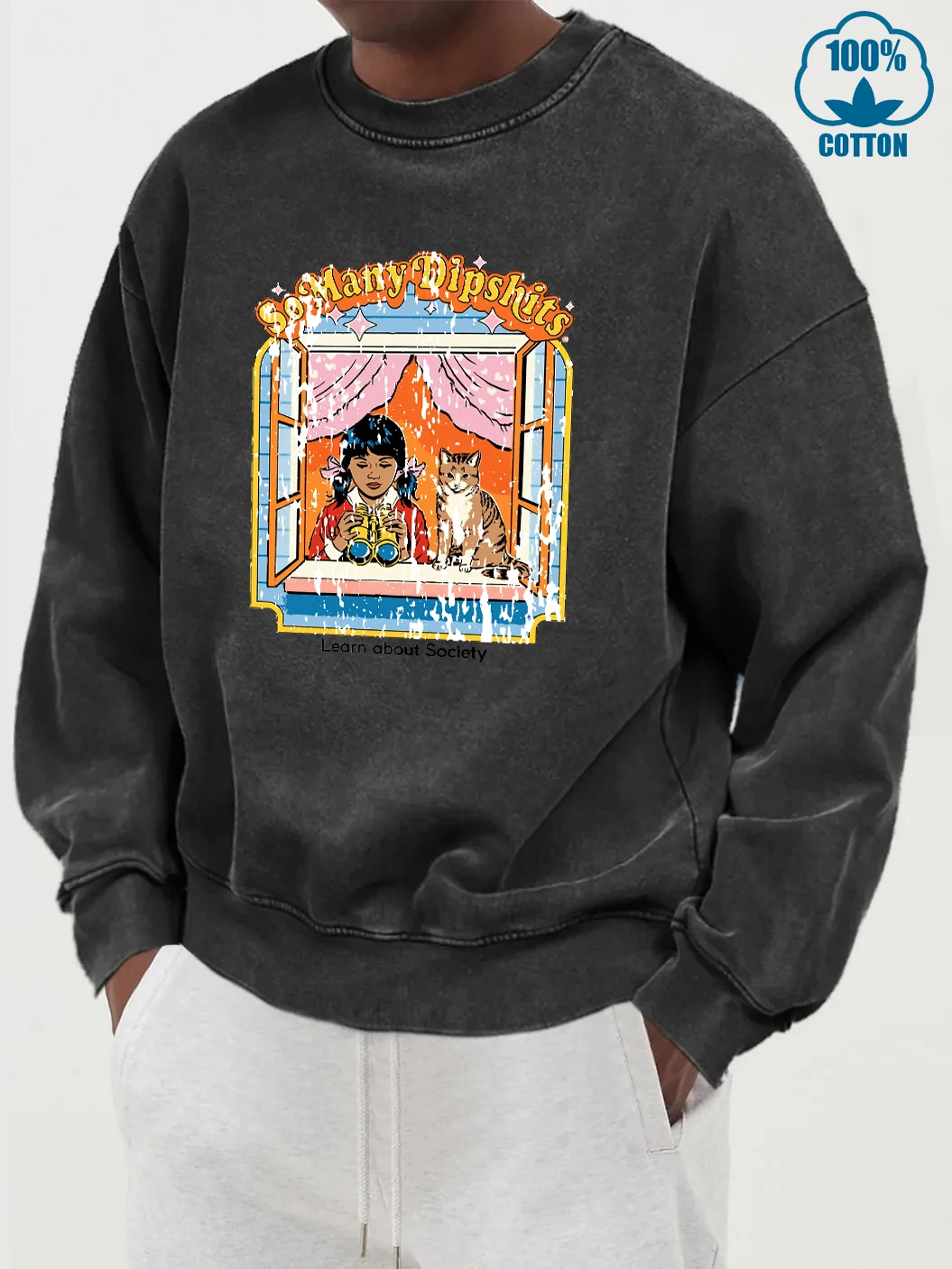 Girl Learn About Society Prints Men Washed Cotton Sweatshirts Fashion Crewneck Pullover Vintage Oversize Hoodie Soft Clothing