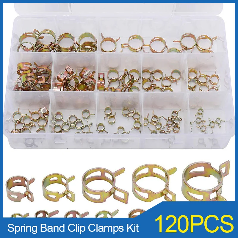 120pcs/set 6-22mm Spring Band Type Fuel Oil Water Vacuum Hose Silicone Pipe Tube Clamp Clip Zinc Plated Pipe Hoop Assortment Kit