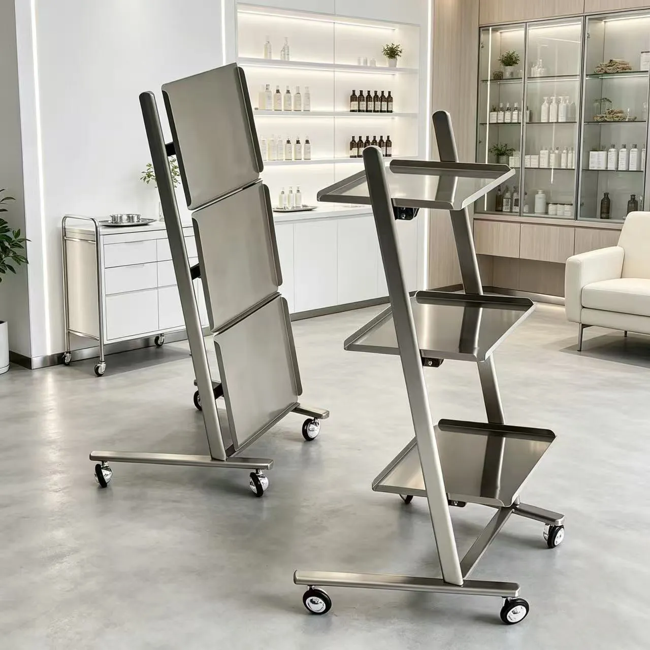 Stainless Steel Salon Trolley, Rolling Folding Cart for Haircuts, Perms, Coloring, Beauty Services, 4 Tier Organizer
