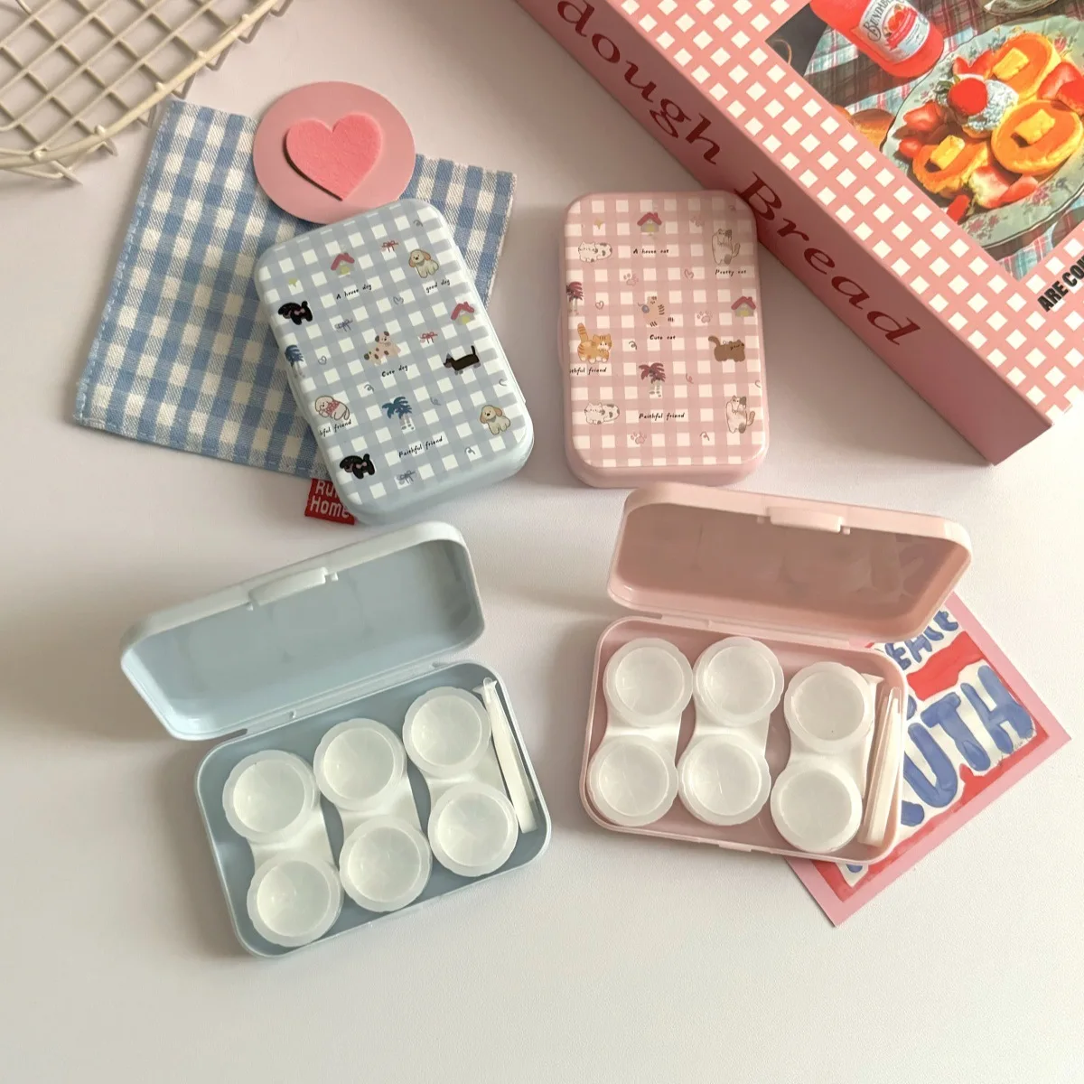 

1pc Ins Cute Grid Portable Contact Lens Box Companion Care Box Women Travel Contact Lens Case Three Pack Contact Lenses Case